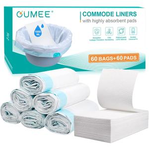 60 Commode Liners with Absorbent Pads, 60 Bedside Commode Liners and 60 Pads for Commode Bucket, Disposable Commode Bags for Adults, Portable Leak-Proof Potty Chair Liners (21 * 16in-60+60)