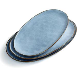 famiware Serving Platter, Oval 15.59/14.3/12.9 inch Serving Dishes for Entertaining, Serving Bowls, Microwave Safe, Stonware Serving Trays for Party, Turkey, Cheese, Ocean Series, Blue