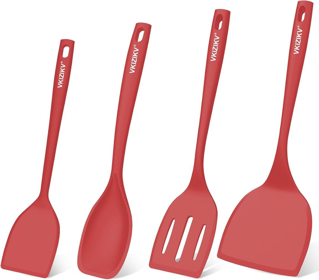 Silicone Spatula Turner Set, 4 Pack, 600F Heat Resistant Cooking Spatulas, Spoons, BPA Free & Non-Stick Kitchen Utensils, Ideal for Flipping Egg, Pancake, and Serving, Dishwasher Safe (Red)