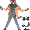 Werewolf Costume For Boys, Wolf Suits With Light Up Red Eyes Mask, Gloves, Shoes, Tail, Fangs Dress up for Kids (X-Large (12-14yrs), Orange)