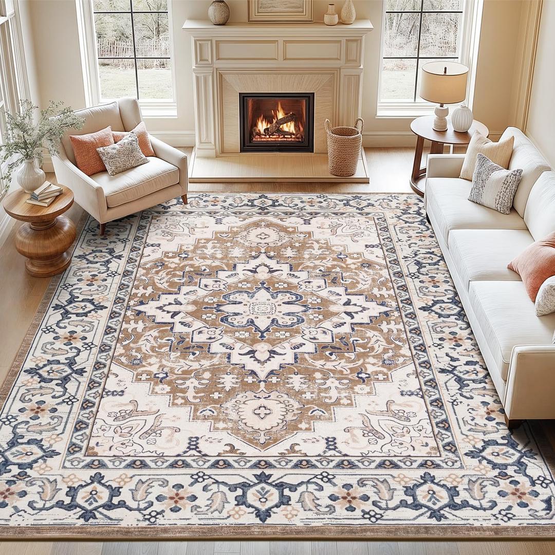 Lofus 8x10 Area Rugs for Living Room, Washable Area Rug, Rugs for Bedroom, Kitchen, Vintage Boho Carpet, Soft Non-Slip, Low Pile Large Area Rug for Office Dining Room, Floral Brown