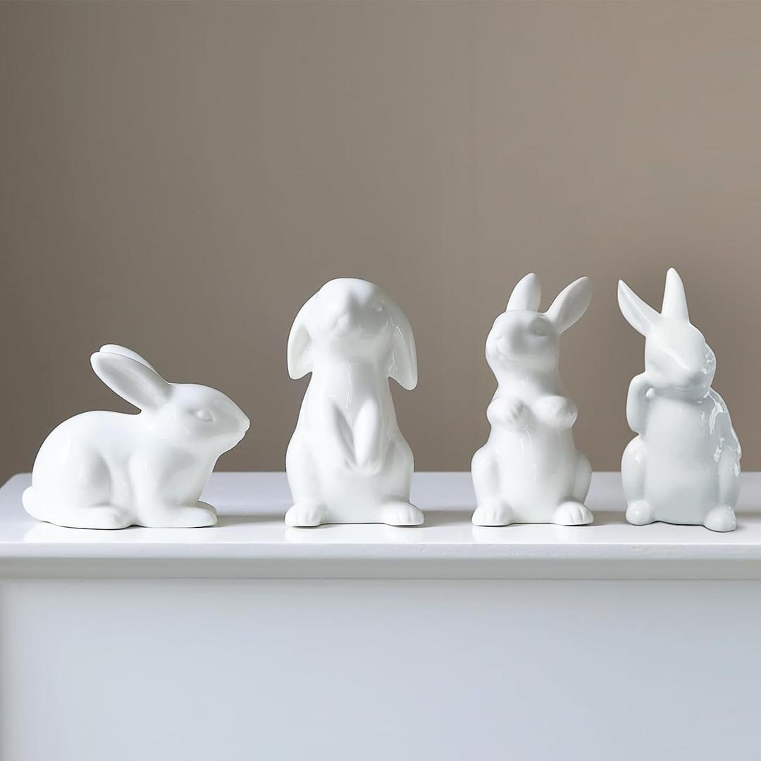 Ceramic Bunny Rabbits Easter Bunny Figurine Set of 4 Modern Art Home Decoration, Statues for Spring Table Decor, Easter Decorations Rabbit Figurines (4)