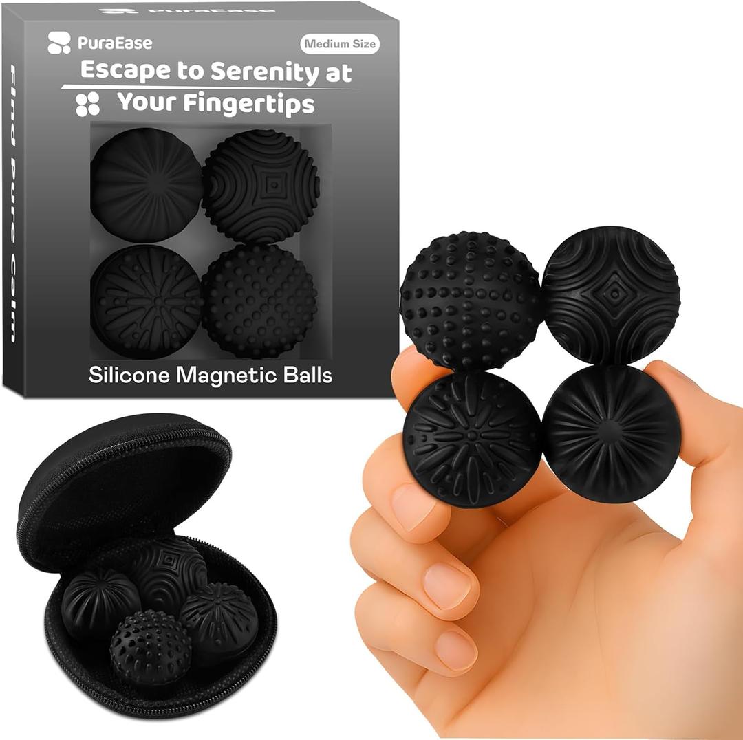 Magnetic Sensory Fidget Balls  4PC Medium Weighted Textured Silicone Stress Relief Toys for Adults & Teens with ADHD, Autism, Anxiety  Quiet Magnet Fidgets for Desk, Travel, Office & Gifts