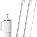 2 Pack Reusable Silicone Straws for Stanley Cups 20oz 30oz 40oz, 12 Long Drinking Straws with Built-In Cowboy-Style Straw Top, Bite-Safe, Trim-to-Fit, Includes Cleaning Brush (Purple)