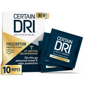 Certain Dri Antiperspirant Wipes for Excessive Sweating & Hyperhidrosis  72HR Clinical Strength Odor & Perspiration Protection, Travel-Friendly, Dermatologist Recommended, (10 Count)