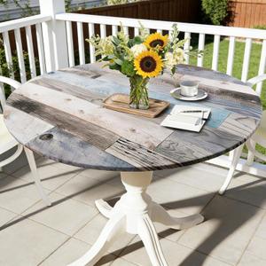 Round Fitted Tablecloth with Elastic Edge Farmhouse Wooden Outdoor Indoor Table Cloth Waterproof Wipeable Table Cover for Dinner Picnic Patio Decor (Suitable for 36"- 44" Round Tables)
