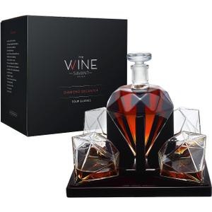The Wine Savant Diamond Whiskey Decanter Set with 4 Glasses and Mahogany Base Borosilicate Glass Dispenser - 750ml Clear