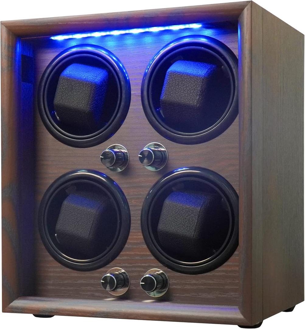 Oryx Watch Winder for 4 Automatic Watches, Rotating Watch Box 5 Rotation Modes Setting Display Case with LED Light, AC/USB Powered Super Quiet Mabuchi Motor (Wood Grain Walnut)
