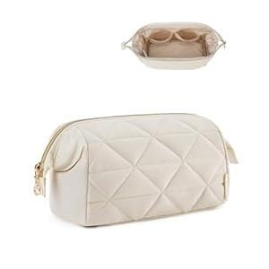BAGSMART Makeup Bag Travel Cosmetic Bag, Puffy Padded Make Up Bags for Women Makeup Organizer Case, Wide-open Pouch Purse Travel Essentials Toiletries Accessories Brushes, (Beige)