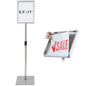 NicQliear Adjustable Sign Stand Holder, 8.5 x 11 Inch Poster Stand with Extra Heavy Duty Square Metal Base, Vertical or Horizontal Outdoor Floor Standing Indoor Display Holder for Restaurant, Silver