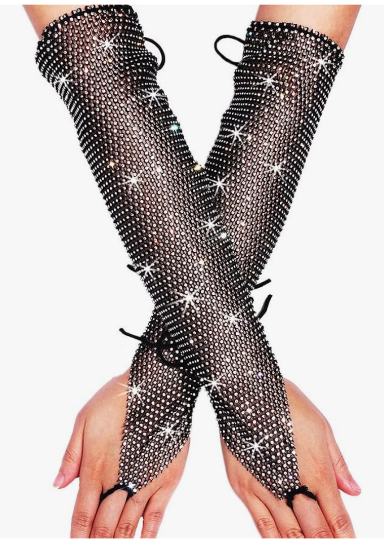 Rave Fingerless Rhinestone Gloves Fishnet Long Arm Sleeves for Women