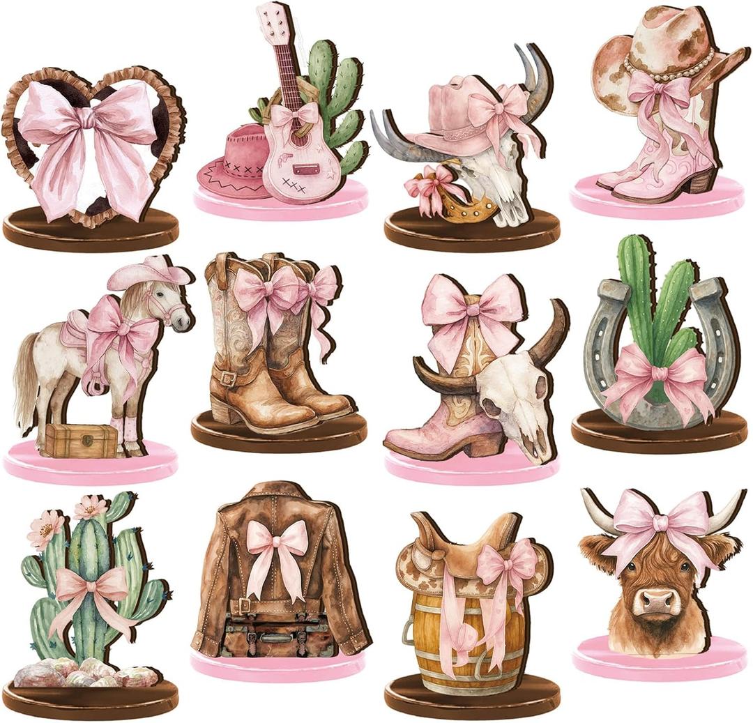 Wesiti 12 Pcs Cowgirl Party Decorations for Table Western Cowgirl Table Decorations Coquette Wooden Bownot Boot Hats Centerpiece Tabletop Decor for Tiered Tray Decor Bachelorette Favor