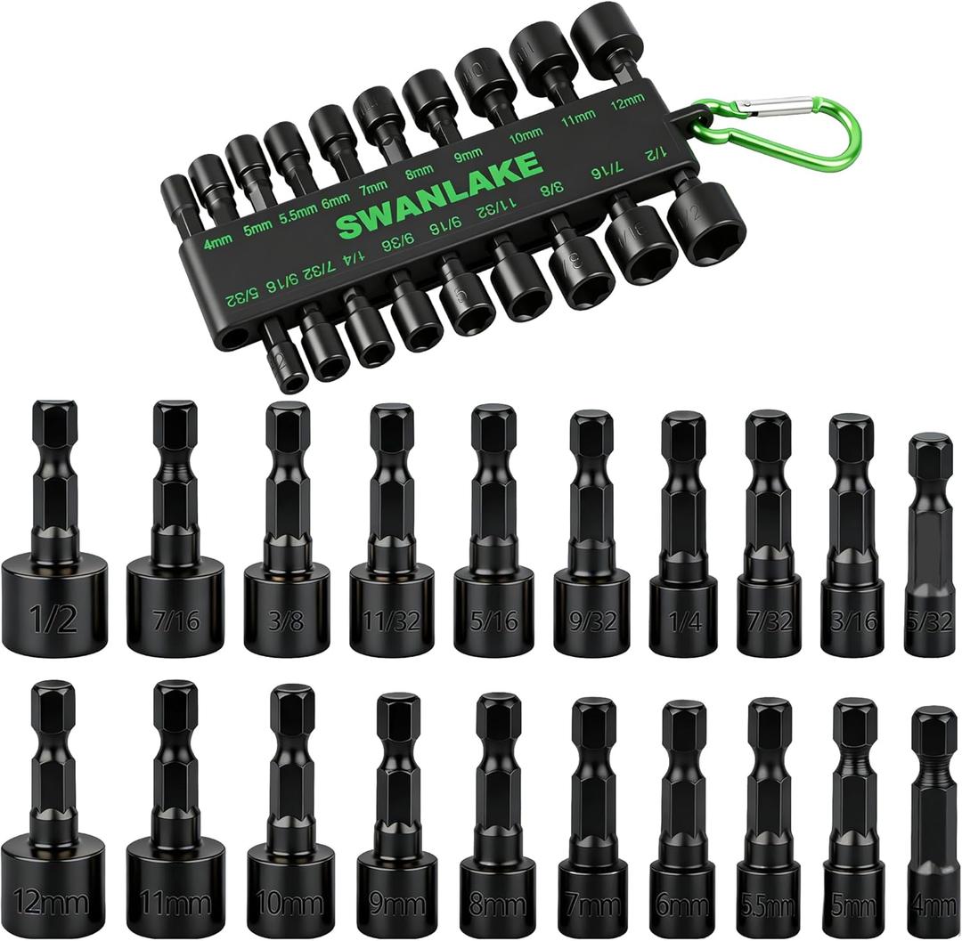SWANLAKE 20PCS Power Nut Driver Set for Impact Drill, 1/4” Hex Head Drill Bit Set SAE and Metric