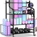 Mythinglogic Yoga Mat Storage Racks,Home Gym Storage Rack for Dumbbells Kettlebells Foam Roller, Yoga Strap and Resistance Bands, Workout Equipment Storage Organizer With Hooks and Wheels (Black)