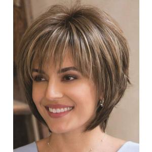 SEVENCOLORS Short Hair Wigs with Bangs Dark Brown Mixed Blonde Pixie Cut Wig for Women Straight Synthetic Fiber Wigs