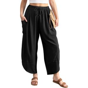 TARSE Women's Linen Harem Pants Casual Loose Drawstring Elastic Waist Summer Beach Travel Vacation with Pockets (Black)