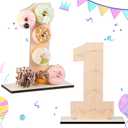 Colingmill Number 1 Letter Donut Stand Wooden Donut Wall Display Reusable Bagel Stand Holder Board for Wedding Birthday Party Baby Shower Anniversary Valentine Festival Dessert Table Decoration