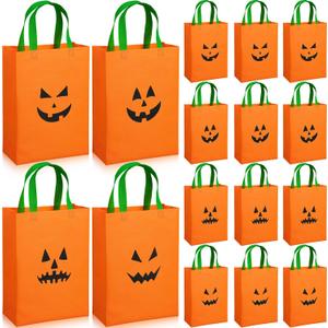 12 Pack Halloween Pumpkin Gift Bags Non Woven Reusable Pumpkin Trick or Treat Tote Bags with Handles 10 x 14 x 4 Inch Candy Goodie Basket for Halloween Party Favors Supplies