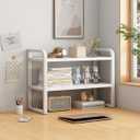 Office Desk Shelf Organizer, Wood Desktop Bookshelf Supplies Storage Rack, Shelf for Top of Desk and Dresser and Cubicle Decor Aesthetic Bookshelf (White White-Two Tier) (15.75Lx7.87xWx15.16H)