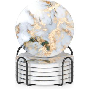 Nipichsha Coasters for Drinks, Set of 6 Cute Absorbent Ceramic Drink Coasters for Cup with Holder and Cork Base, Kitchen Home Decor Housewarming Gift, Round 4 in, White Gray Gold