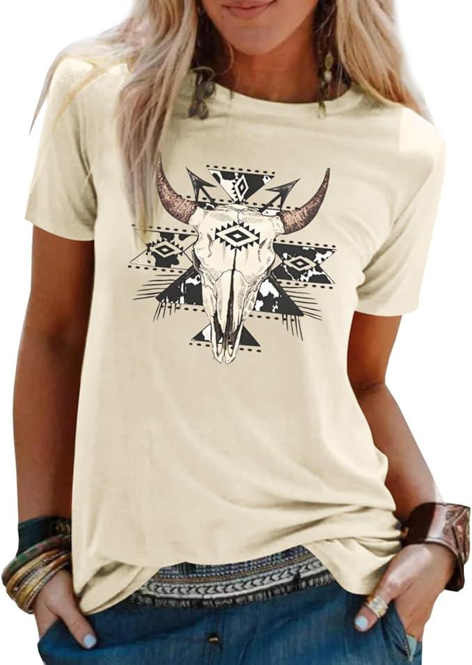 Boho Cow Skull Shirt Women Cowgirl Tshirt Vintage Western Rodeo Graphic Cuntry Concert Tee Bull Skull Casual Tops
(Beige, XL)