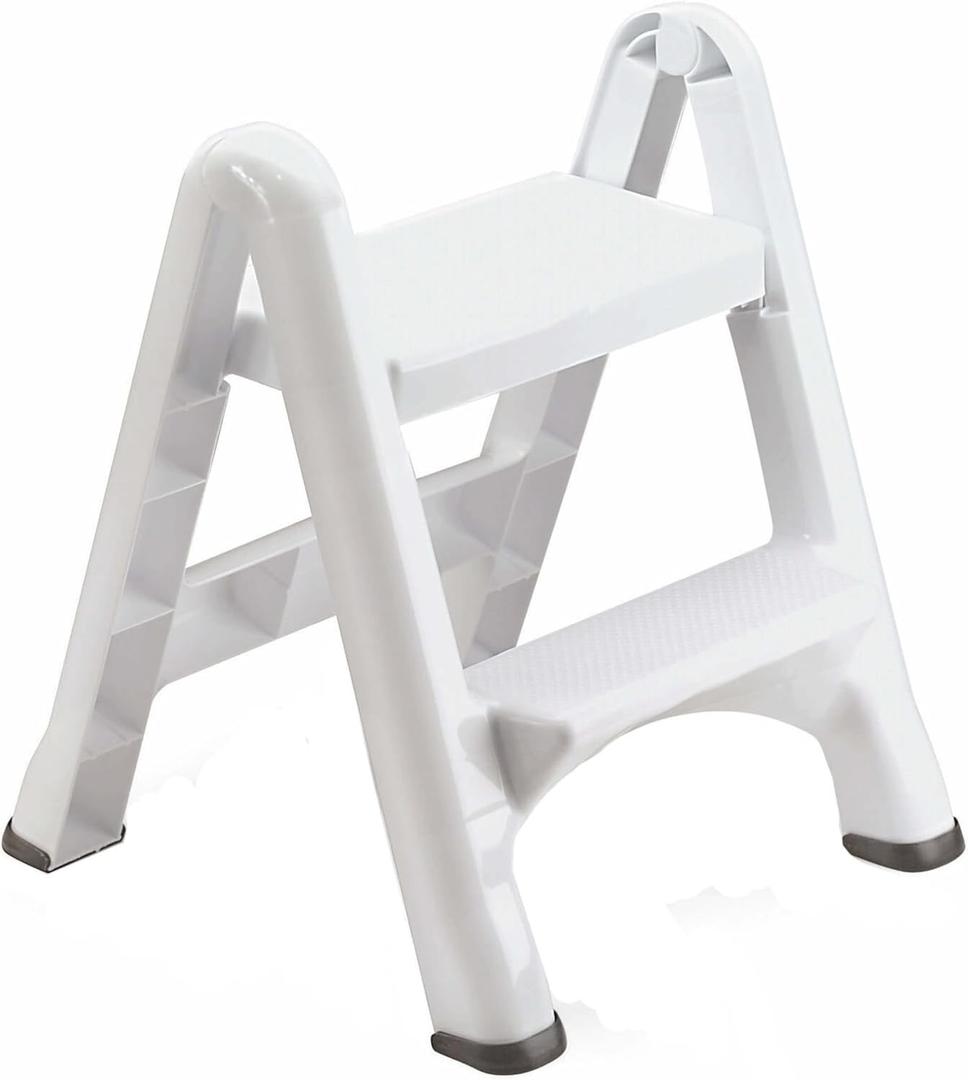 Rubbermaid Two-Step Folding Foot Stool 14-Inch High White 300 Pound Capacity Small Step Stool for Adults/Kids for Use in Library/Kitchen/Bathroom/Garage/Closet