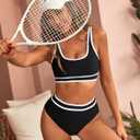 BMJL Women's High Waisted Bikini Sets Sporty Two Piece Swimsuits Color Block Cheeky High Cut Bathing Suits (Black, L)
