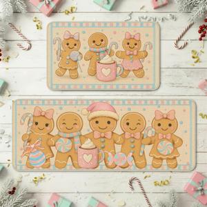 Nuanchu 2 Pcs Pastel Christmas Gingerbread Kitchen Rugs Floor Doormat Merry Christmas Welcome Non Slip Floor Mats for Indoor Outdoor Bathroom Kitchen Decor, 17 x 30 Inch and 17 x 47 Inch
