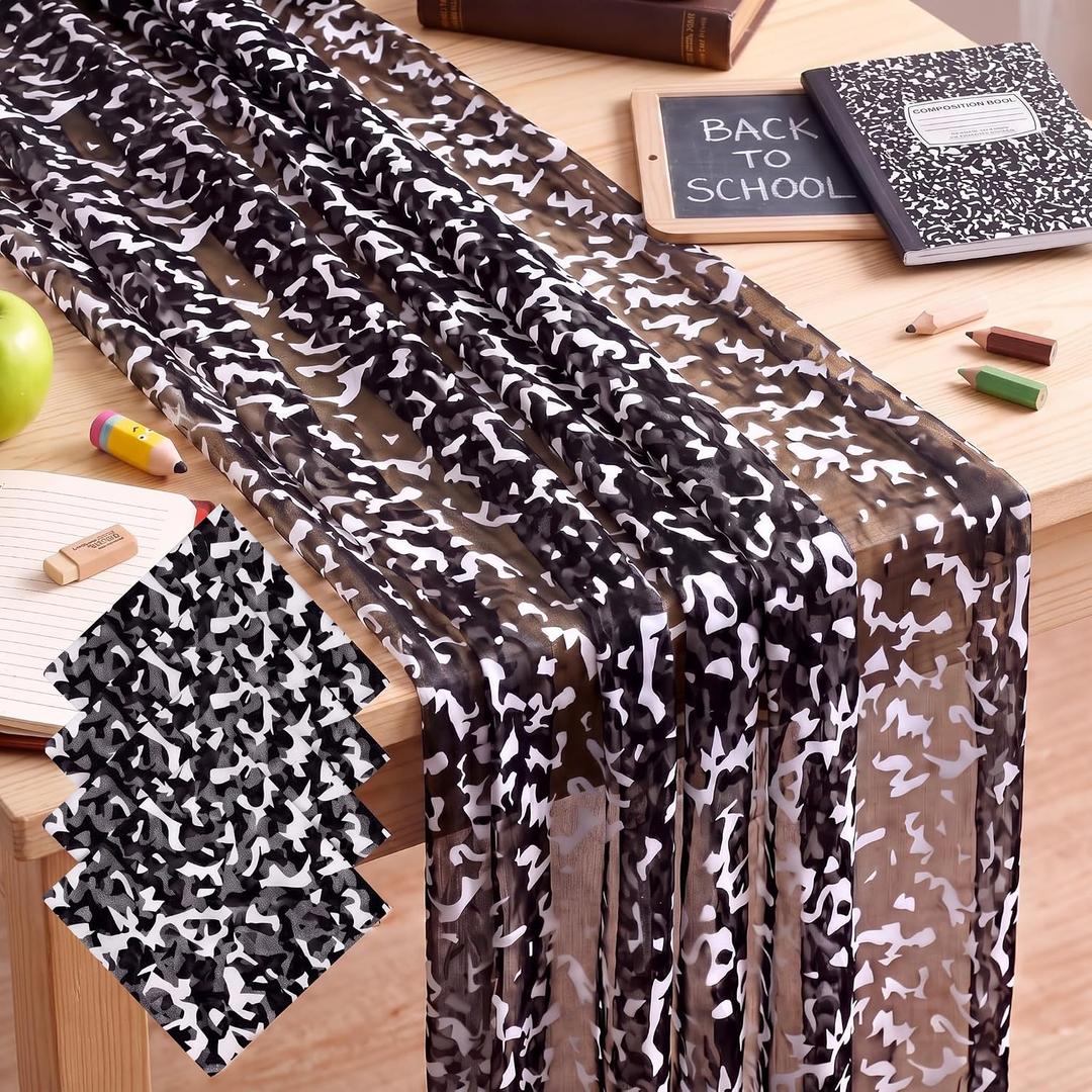 4 Pcs Back to School Table Runner 29 X 70 Inch Composition | Tulle Fabric for Teacher Desk, Bulletin Board Classroom Decor, Kindergarten Theme, Lightweight See-through Black White