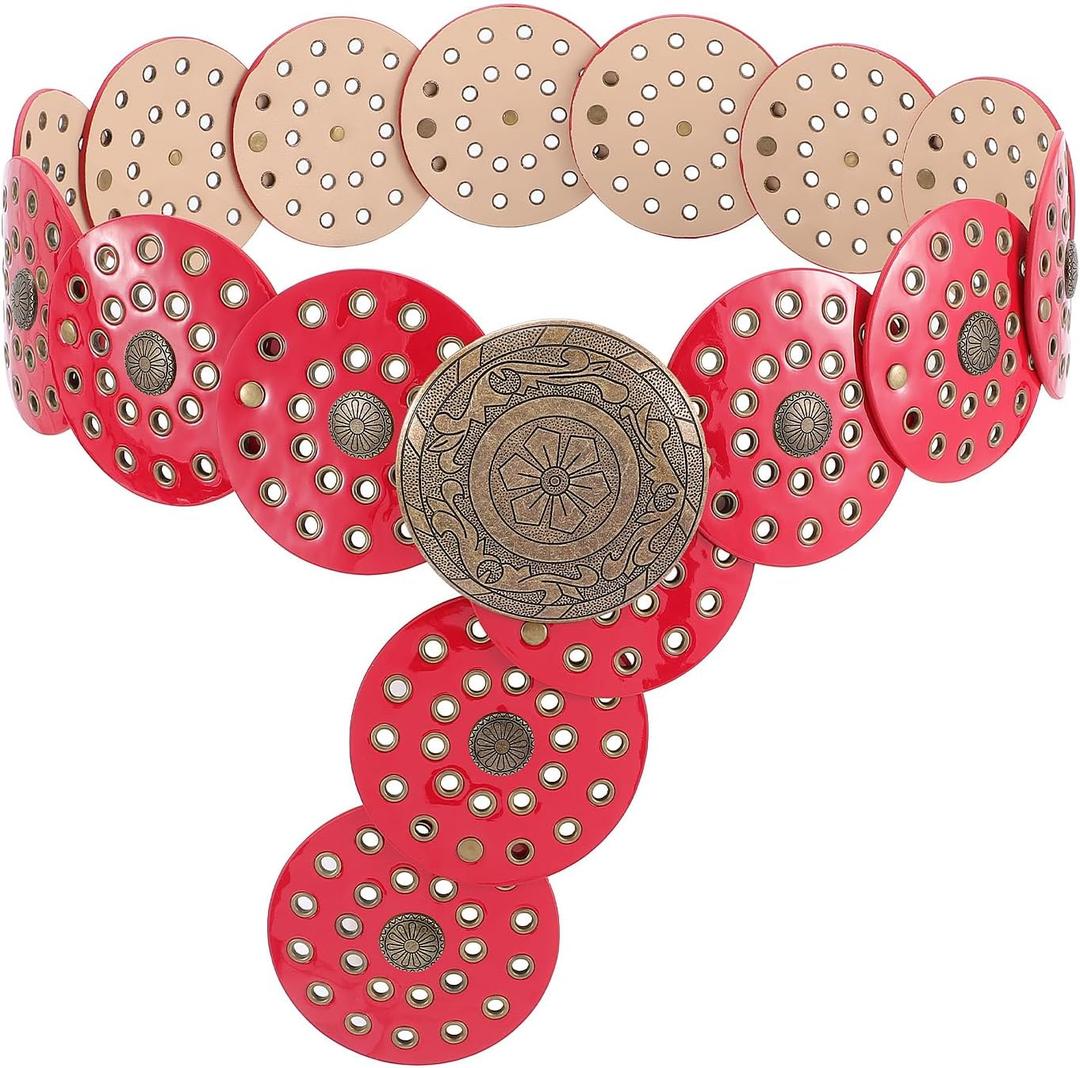 WERFORU Women Wide Western Disc Belt Cowgirl Boho Leather Belt for Jeans Dress (Red)