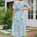 Women's Floral Maxi Dress Flowy V Neck Empire Waist Summer Wedding Guest Party Casual Chiffon Dress (Blue, S)