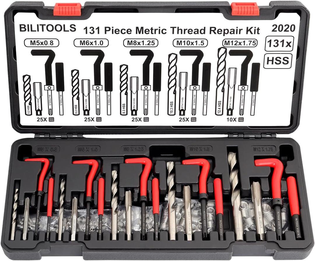 BILITOOLS Helicoil Thread Repair Kit Metric, 131-Piece HSS Drill Heli Coil Repair Kit M5 M6 M8 M10 M12