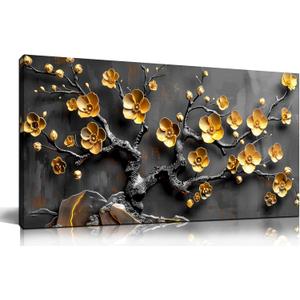 Large Canvas Wall Art for Living Room Bedroom Home Office Grey and Gold Metal Color Plum Blossom Picture Modern Canvas Prints Framed Wall Decor Size 20x40