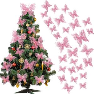 Charniol 36 Pcs 3 Size Christmas Tree Butterfly Decorations Glitter Hollow Butterfly Ornaments Hanging Decorations with Clips for Holiday Crafts Christmas Tree (Pink)