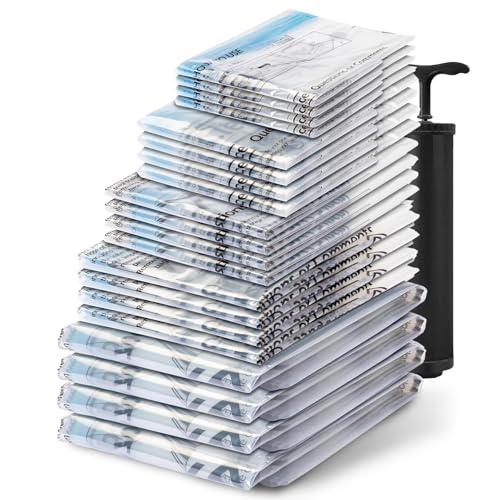 Vacuum Seal Bags for Clothing Travel, 20 Combo - Space Saver Vacuum Storage Bags, Blanket & Clothes Storage Bags Vacuum Sealed – Hand Pump Included, Bolsas Para Guardar Ropa Al Vacío