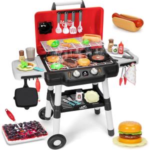 Kids Play Kitchen Toys, Kids BBQ Grill Playset with Smoke Sound Light, 2-Layer Barbecue Toy with Wheels, Outdoor Play Food Toys Cooking Set for Toddlers 3-5, Birthday for Boys Girls (Black)