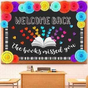 Qilery 83 Pcs Bulletin Board Set Welcome Back the Books Missed You Bulletin Board Decoration Cutout Back to School Classroom Decoration for Home School Library(Book), 24 x 36 inches