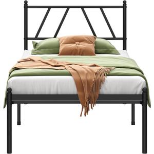 Metal Platform Bed Frame with Headboard, 14 Inches Twin Bed, No Box Spring Needed, Steel Slat Support, Black, Easy Assembly