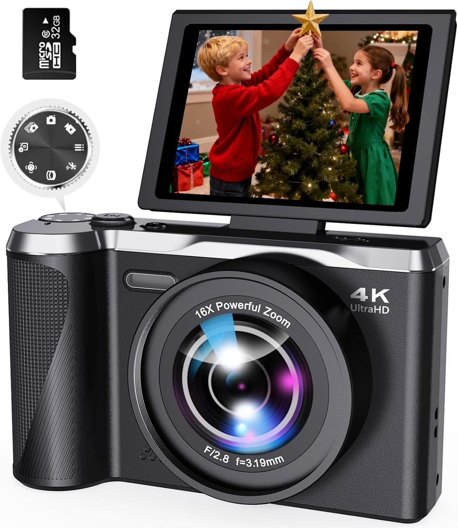 Digital Camera 4K for Photography and Video, 56MP Autofocus Vlogging Camera for YouTube, 3" 180 Flip Screen & 16X Digital Zoom, Compact Travel Cameras with 32GB SD Card for Beginners & Adults (Black)