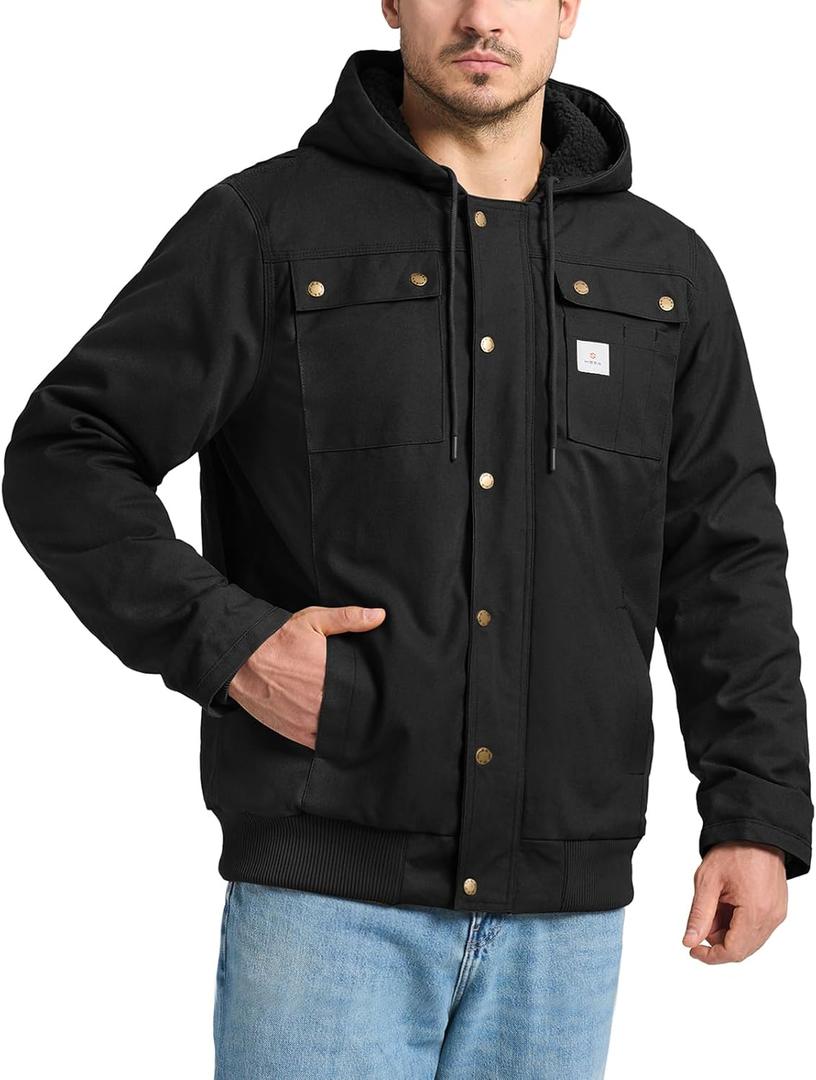 HISEA Men's Sherpa Work Jacket, Winter Water Resistant Hooded Duck Canvas Coat, Relaxed Fit Fleece Insulated Utility Jackets (Medium, Black)