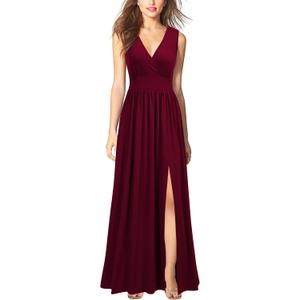 WOOSEA Women Sleeveless Deep V Neck Split Loose Sexy Plain Long Maxi Casual Dress (Red, XL)
