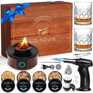Electric Whiskey Smoker Kit with Wooden Box, 4 Wood Chips, Torch, Ice Molds, 2 Glasses, Stones, Old Fashioned Bourbon Cocktail Smoker Infuser Kit, Whiskey Gifts for Father, Men, Husband (No Butane)