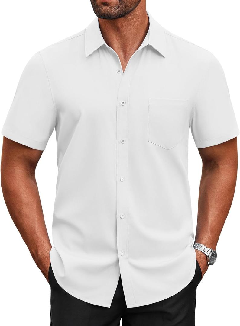 COOFANDY Men's Short Sleeve Button Down Shirts Casual Dress Shirts for Men Untucked Shirt with Pocket (White, XXL)