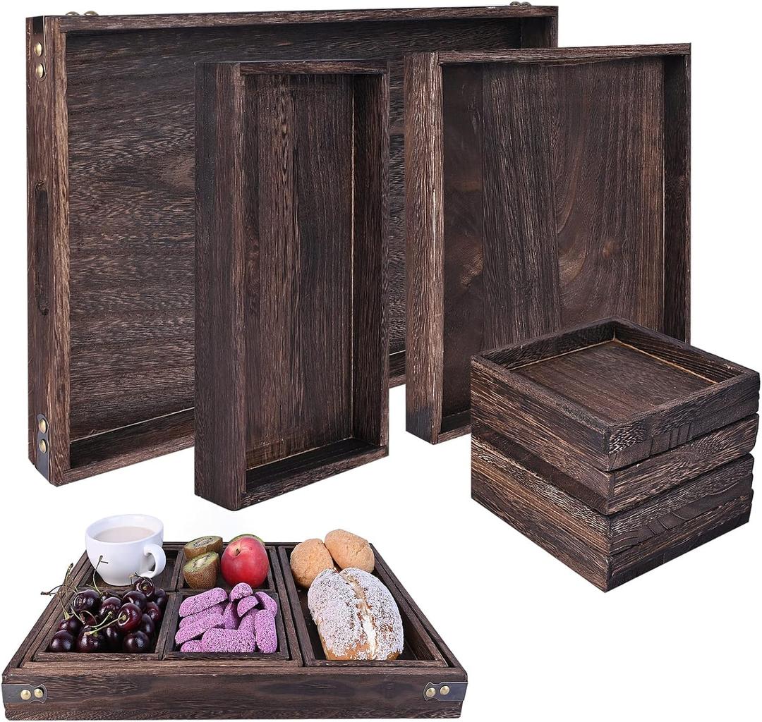 Wood Serving Tray with Handles, Set of 7 Rectangular Wooden Nesting Multipurpose Trays, Decorative Serving Trays Platter for Breakfast in Bed, Lunch, Dinner, Patio, Ottoman, Coffee Table, Party