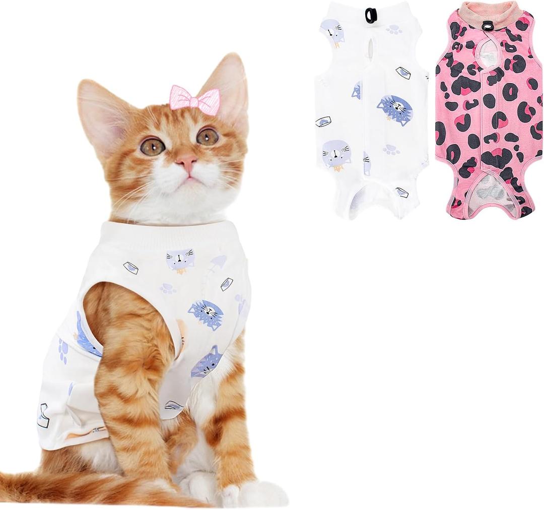 2 PCS Cat Recovery Suit Female Cat Onesie for Cats After Surgery Spay Abdominal Wounds, Kitten Surgery Recovery Suit Female Breathable E-Collar Alternative Kitten Onesie Anti Licking, Cat+Camouflage, Medium