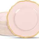 Hioasis 60pcs Pink Plastic Plates - Pink and Gold Disposable Plates, 7.5 inch Plastic Dessert Plates, Perfect for Easter & Wedding & Party & Holiday & Mother's Day (7.5inch)