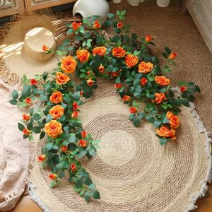 5.9FT Bendable Rose Flower Garlands, Artificial Silk Wild Roses Vine Hanging Flowers for Wall Fireplace Fence Trellis Wedding Baby Shower Home Spring Decor (Orange,2PC)