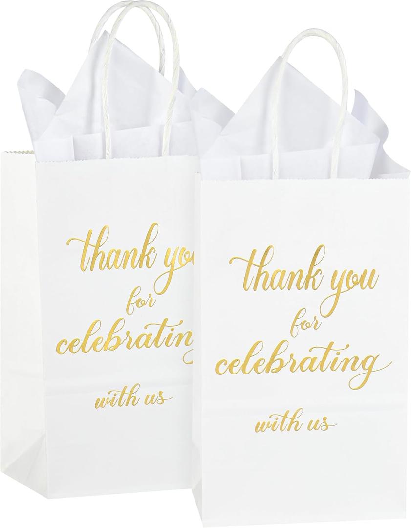 DjinnGlory 50 Pack Small-Size Gold Foil 'Thank You for Celebrating with Us' Paper Gift Bags with White Tissue Paper for Wedding Bridal Shower Parties, Wecome Gift Bags, 9 x5.5x3.15 Inch