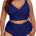Eytino Womens Plus Size Bikini Sets High Waisted V Neck Bahting Suits Two Piece Color Block Swimsuits (2X)