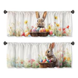 4 x AWJJPO Easter Egg Bunny Curtain Valance for Windows 2 Pack Floral Flower Basket Rod Pocket Printed Curtain Valances Short Tier Curtains for Kitchen Living Room Bathroom Bedroom 54 x 18 Inch
